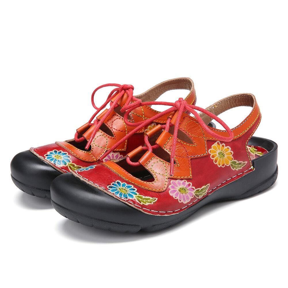 Leren Bloemen Splitsen Uitsparing Stiksels Veters Slingback Muiltjes Klompen Platte Sandalen