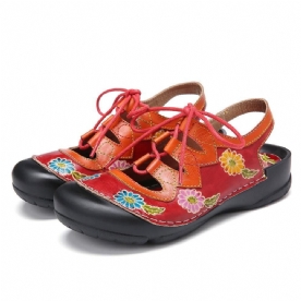 Leren Bloemen Splitsen Uitsparing Stiksels Veters Slingback Muiltjes Klompen Platte Sandalen