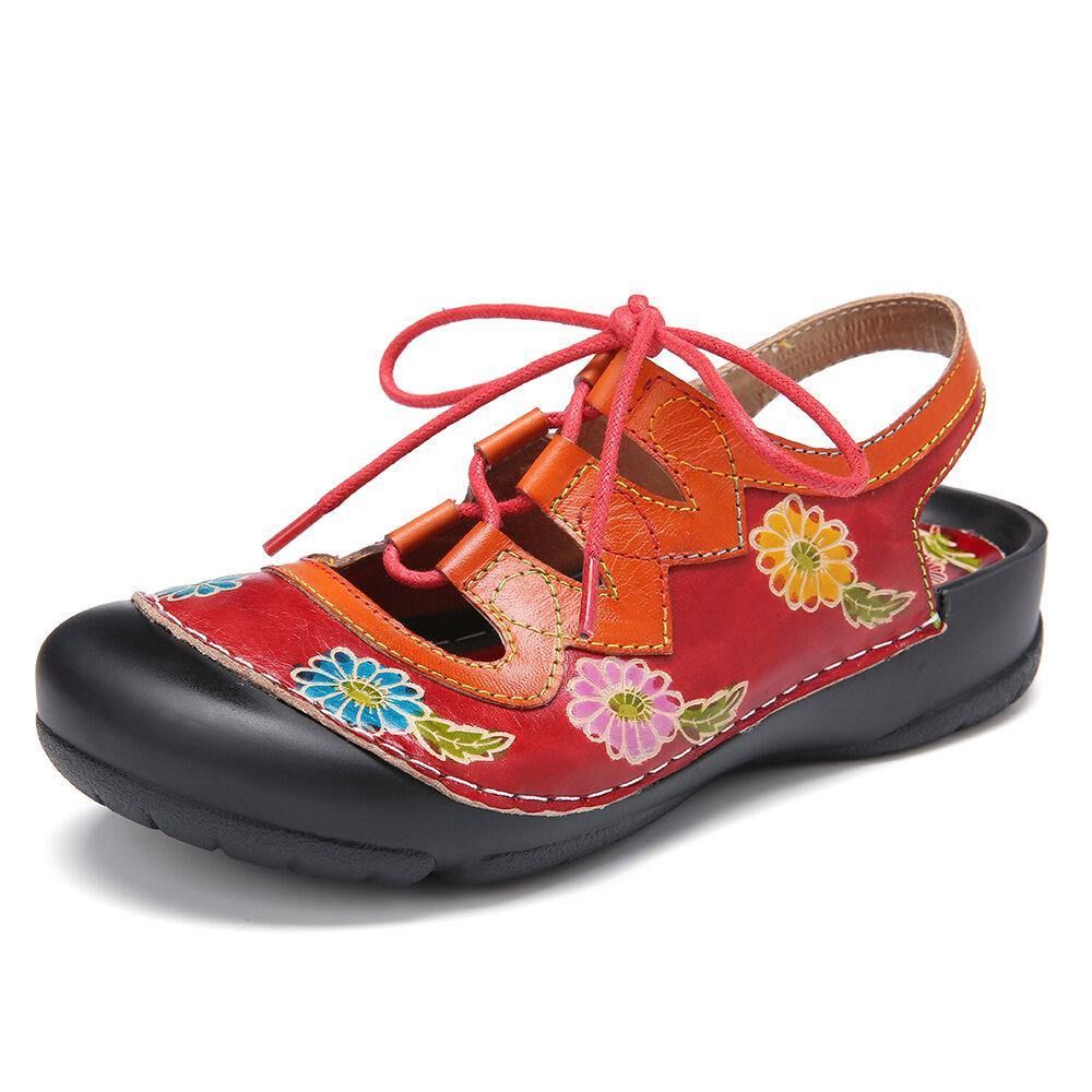 Leren Bloemen Splitsen Uitsparing Stiksels Veters Slingback Muiltjes Klompen Platte Sandalen