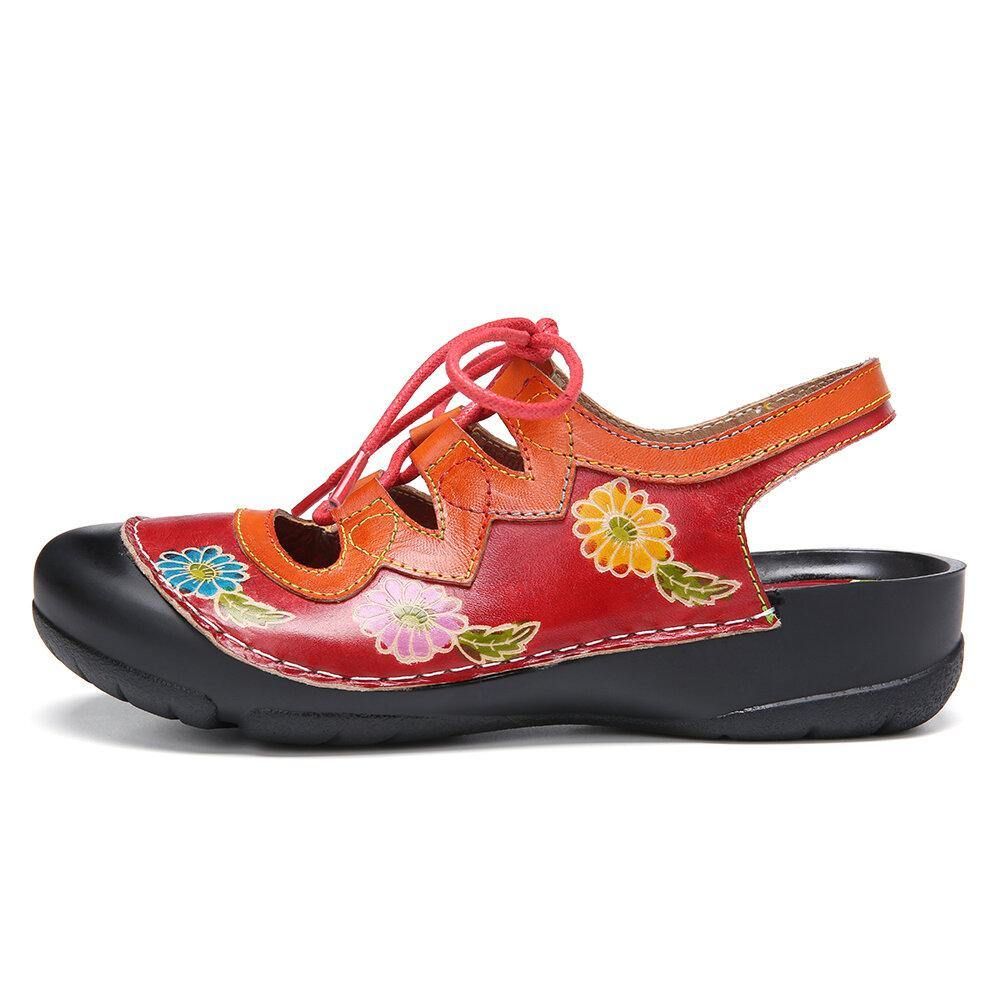 Leren Bloemen Splitsen Uitsparing Stiksels Veters Slingback Muiltjes Klompen Platte Sandalen