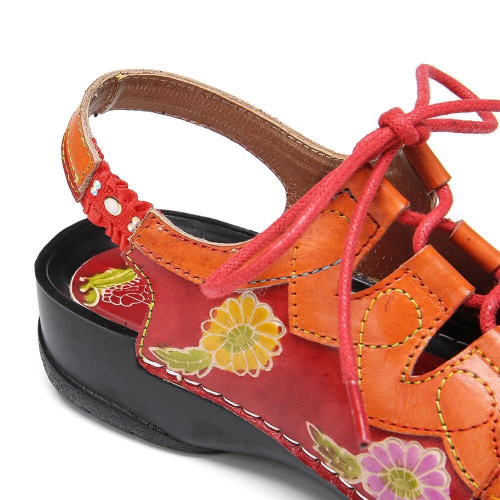 Leren Bloemen Splitsen Uitsparing Stiksels Veters Slingback Muiltjes Klompen Platte Sandalen