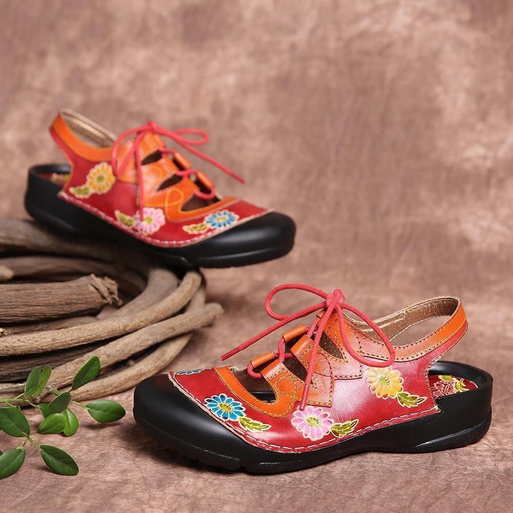 Leren Bloemen Splitsen Uitsparing Stiksels Veters Slingback Muiltjes Klompen Platte Sandalen