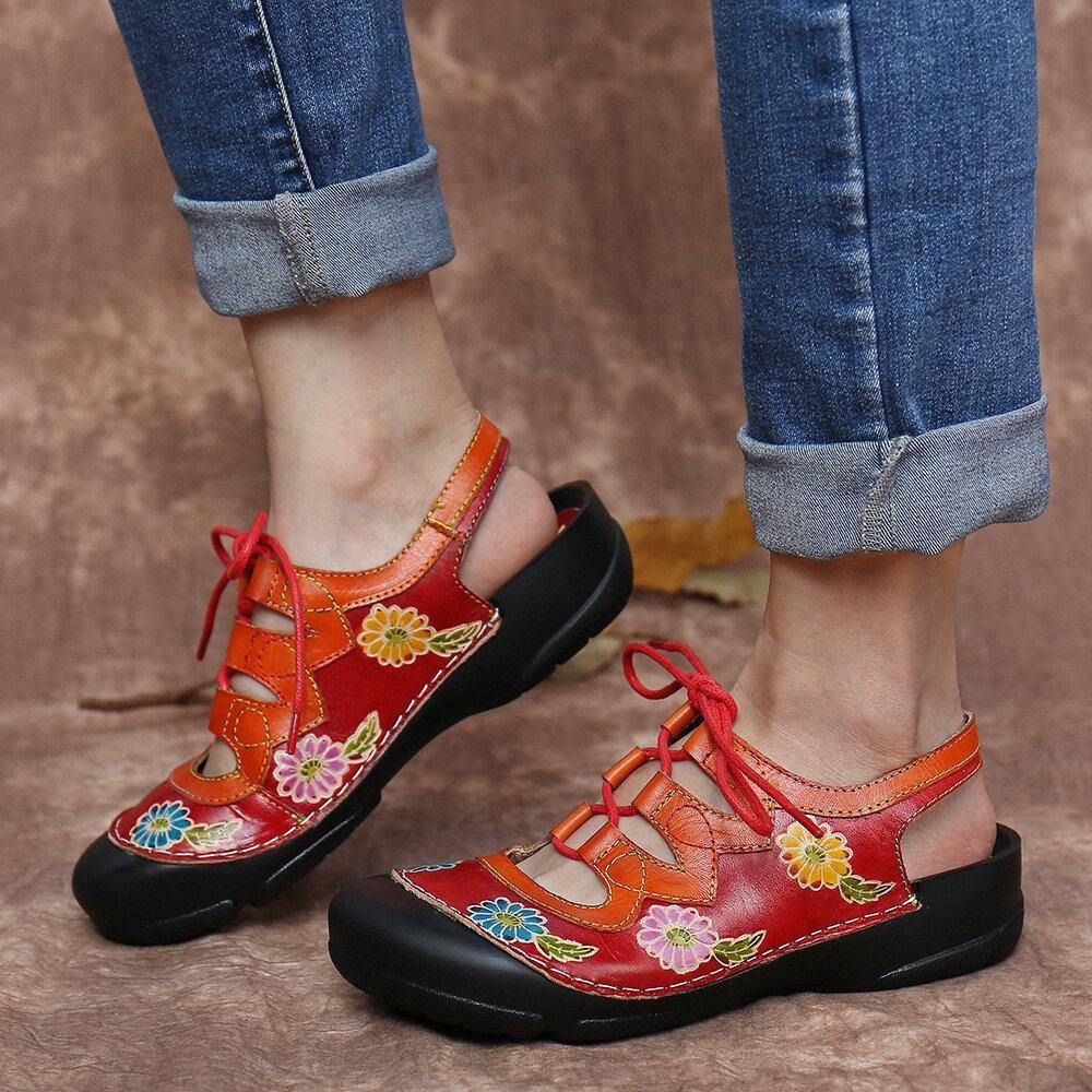 Leren Bloemen Splitsen Uitsparing Stiksels Veters Slingback Muiltjes Klompen Platte Sandalen