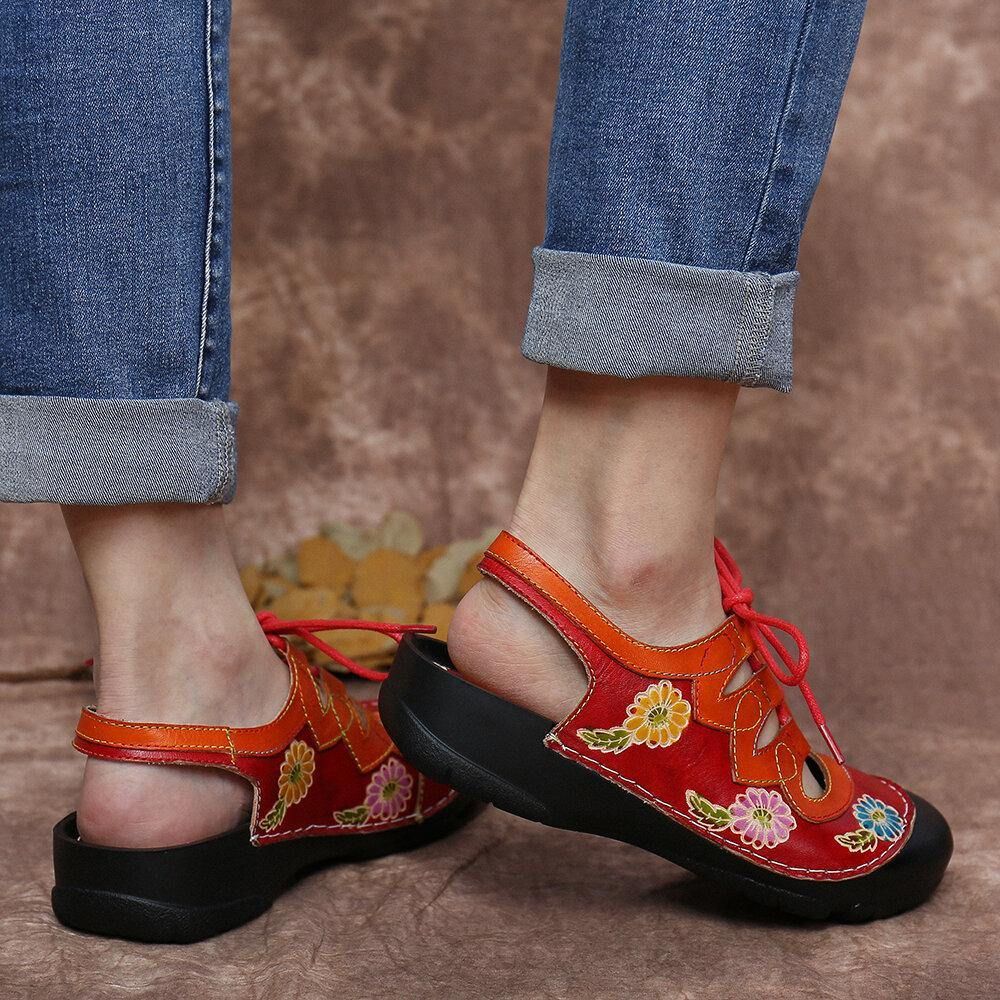 Leren Bloemen Splitsen Uitsparing Stiksels Veters Slingback Muiltjes Klompen Platte Sandalen