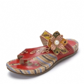 Leren Comfortabele Leren Sandalen Met Platte Streep Retro Bloemenprint