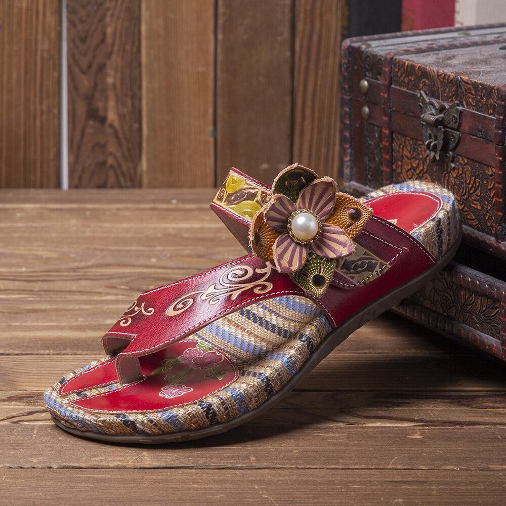 Leren Comfortabele Leren Sandalen Met Platte Streep Retro Bloemenprint