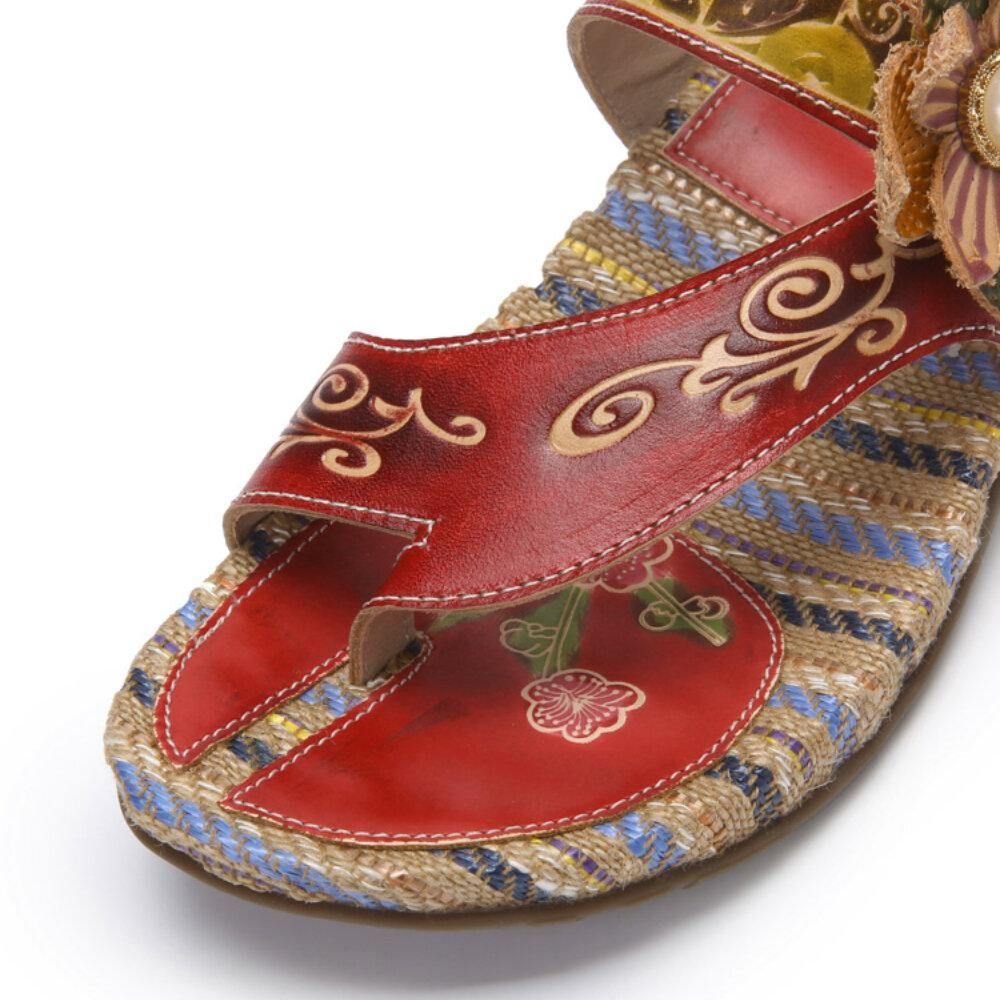 Leren Comfortabele Leren Sandalen Met Platte Streep Retro Bloemenprint