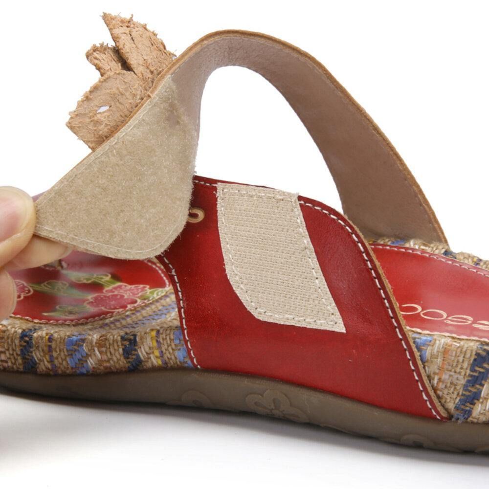 Leren Comfortabele Leren Sandalen Met Platte Streep Retro Bloemenprint