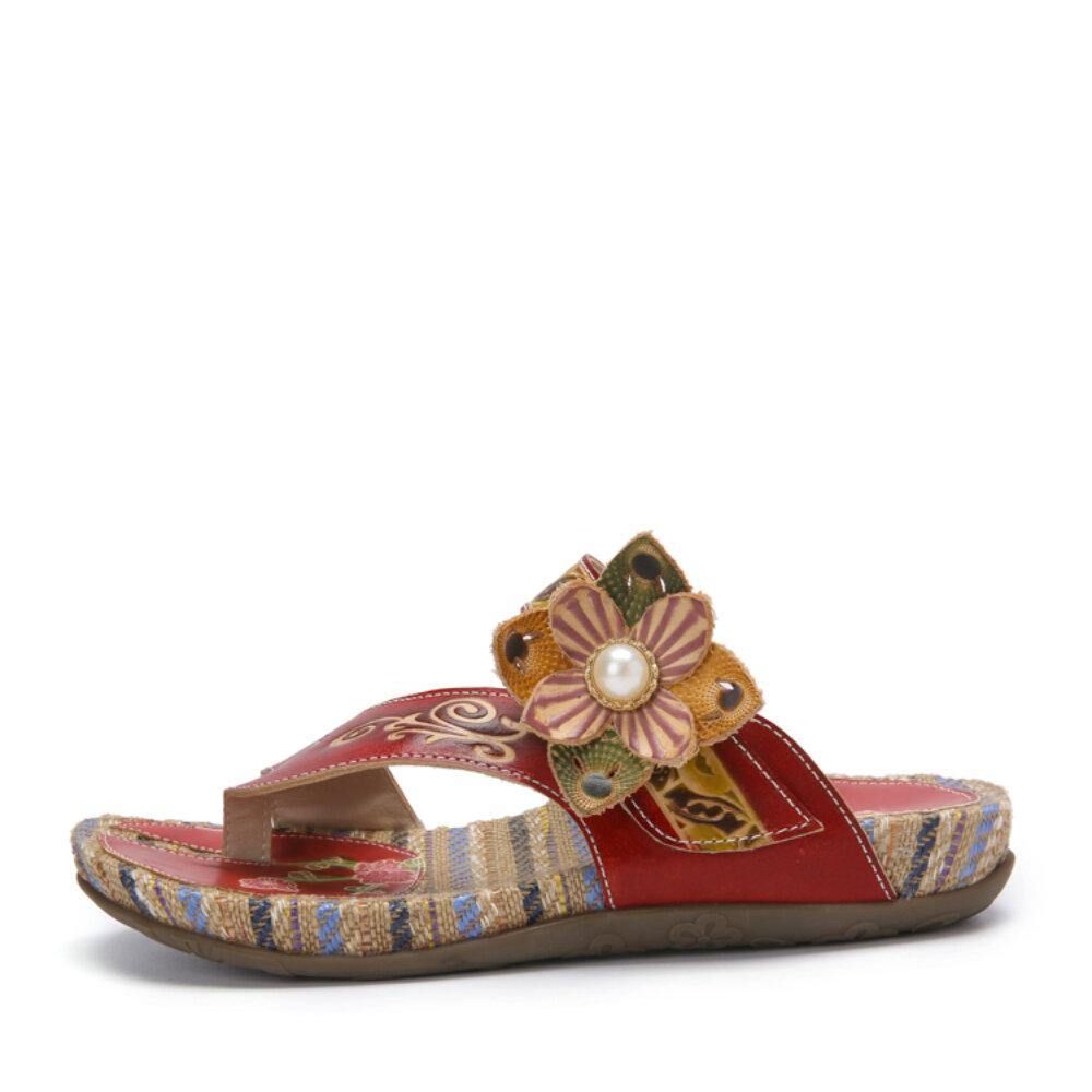 Leren Comfortabele Leren Sandalen Met Platte Streep Retro Bloemenprint