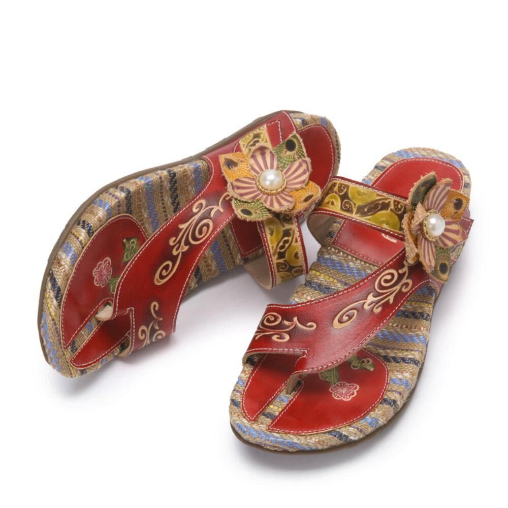 Leren Comfortabele Leren Sandalen Met Platte Streep Retro Bloemenprint