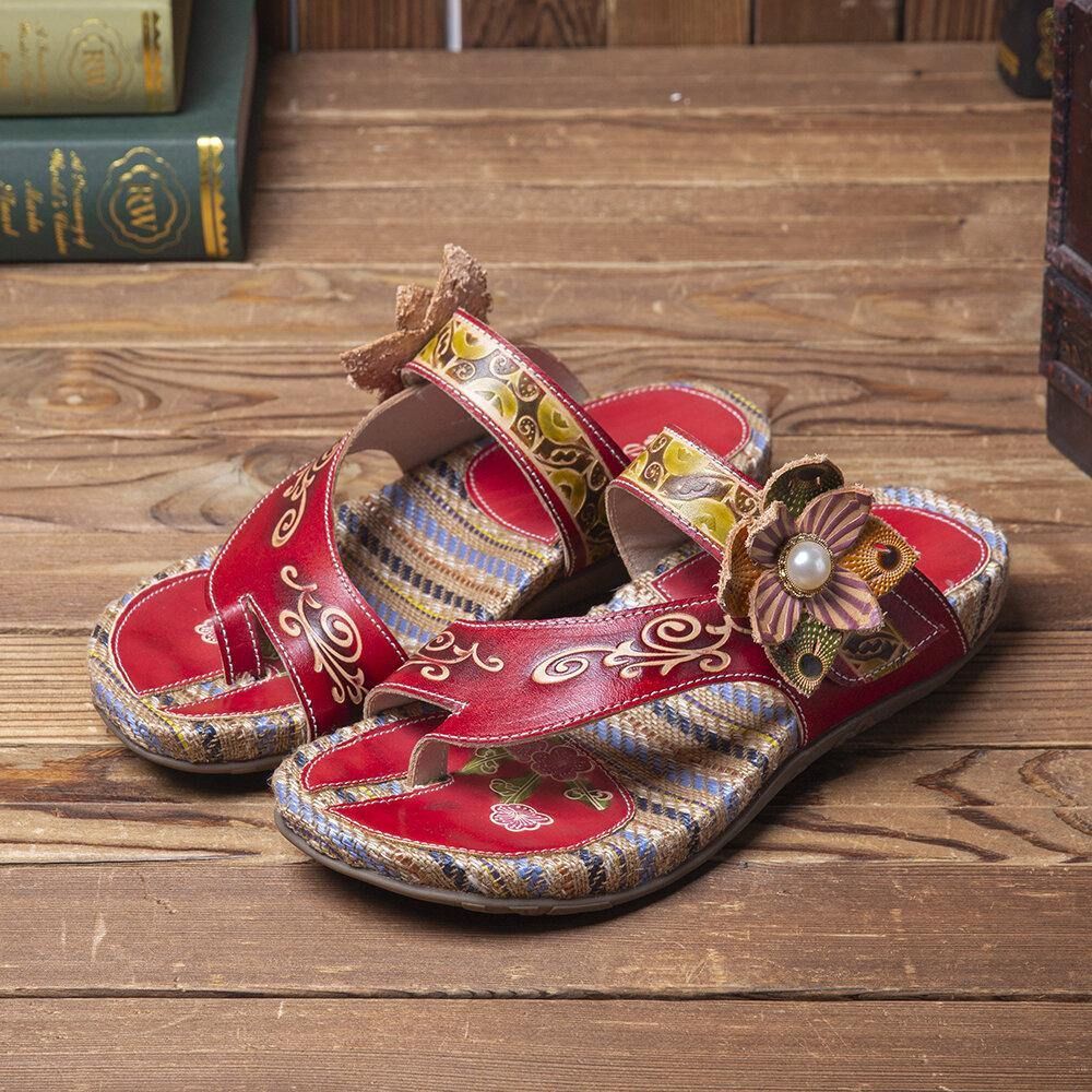 Leren Comfortabele Leren Sandalen Met Platte Streep Retro Bloemenprint