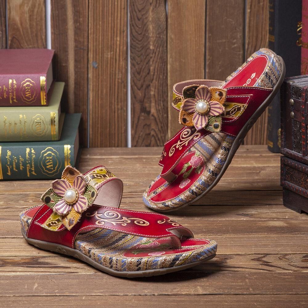 Leren Comfortabele Leren Sandalen Met Platte Streep Retro Bloemenprint