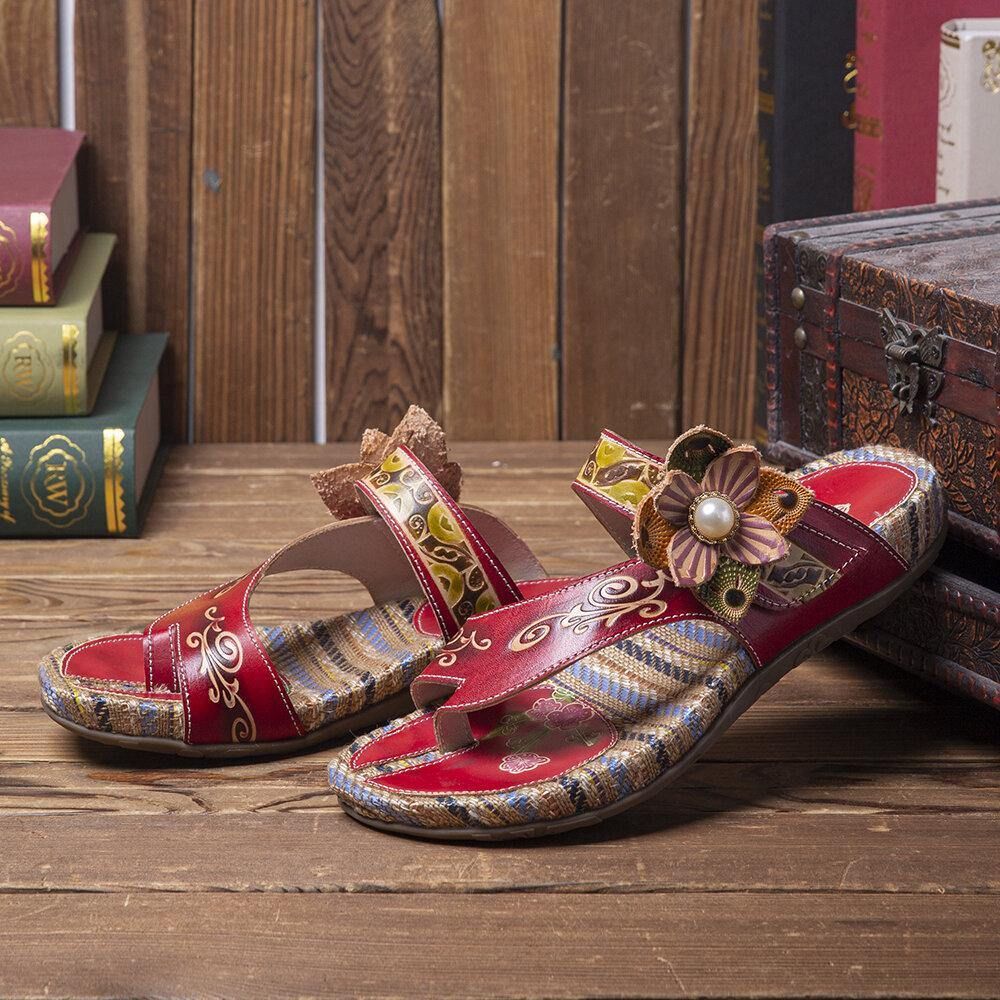 Leren Comfortabele Leren Sandalen Met Platte Streep Retro Bloemenprint