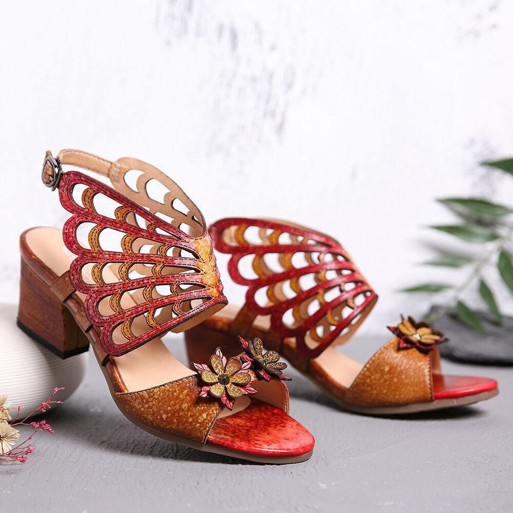 Ocofy Leren Bloemen Uitsparingen Vlindervleugels Gesp Slingback Sandalen Met Blokhak