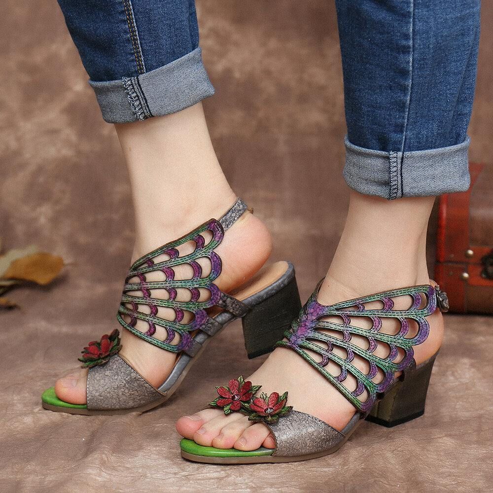 Ocofy Leren Bloemen Uitsparingen Vlindervleugels Gesp Slingback Sandalen Met Blokhak