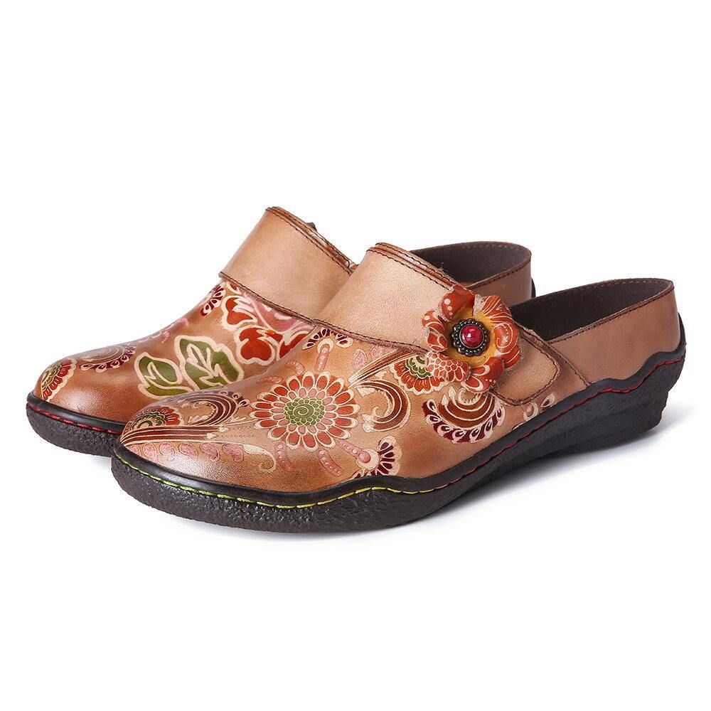 Retro Bloemen Reliëf Patroon Echt Lederen Super Comfortabele Slip-On Schoenen