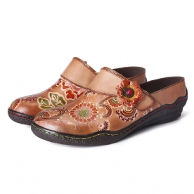 Retro Bloemen Reliëf Patroon Echt Lederen Super Comfortabele Slip-On Schoenen