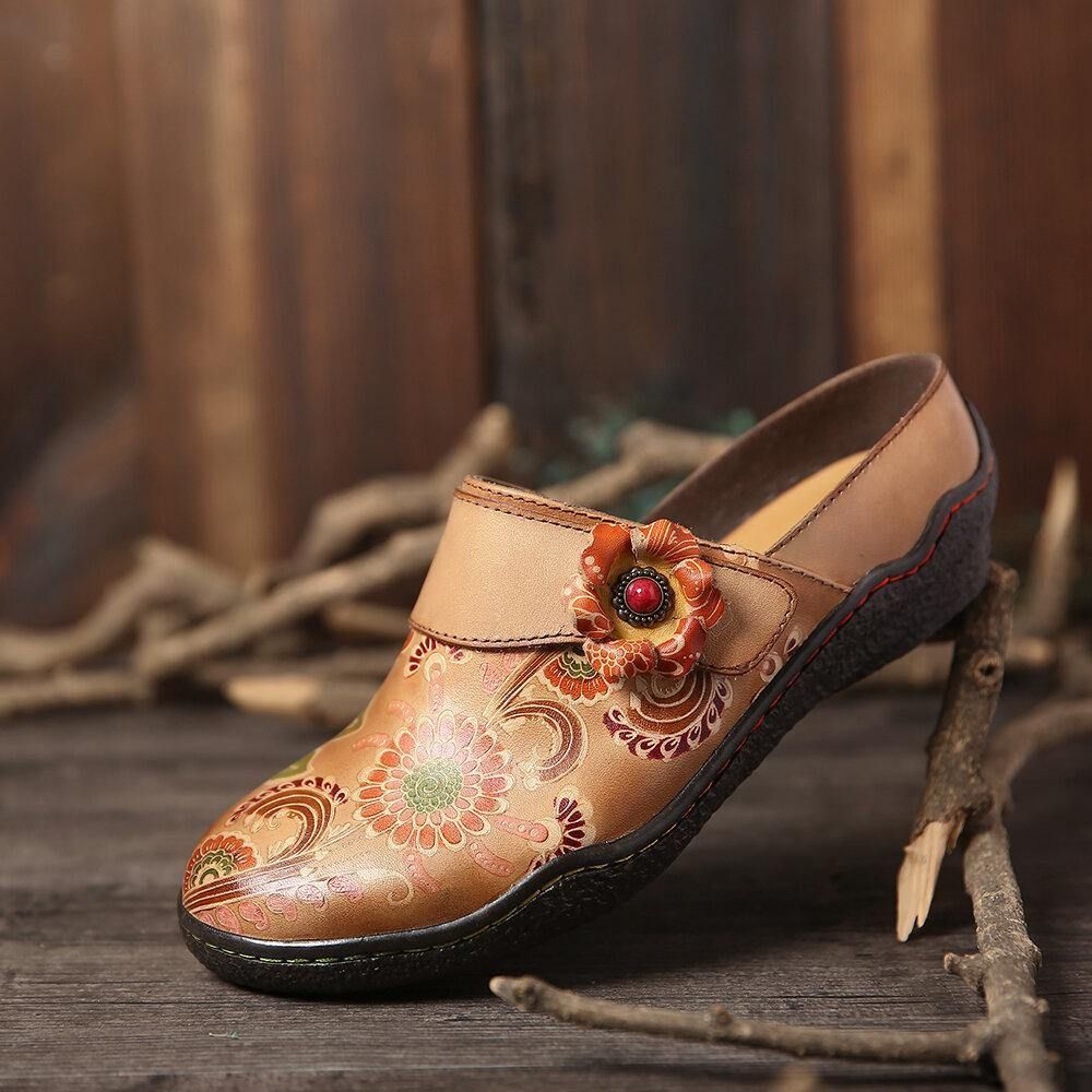 Retro Bloemen Reliëf Patroon Echt Lederen Super Comfortabele Slip-On Schoenen