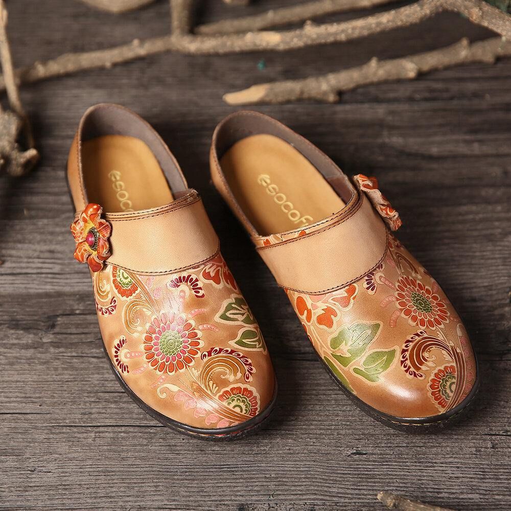 Retro Bloemen Reliëf Patroon Echt Lederen Super Comfortabele Slip-On Schoenen