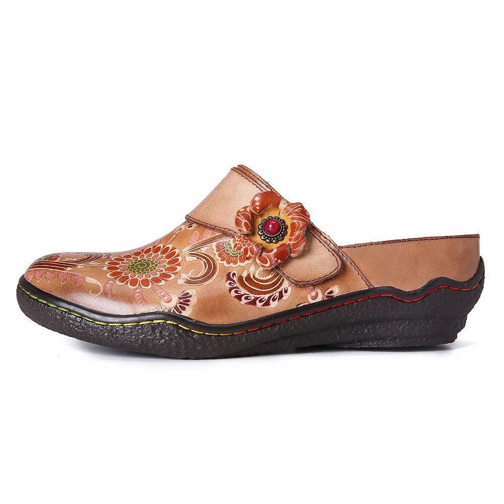 Retro Bloemen Reliëf Patroon Echt Lederen Super Comfortabele Slip-On Schoenen