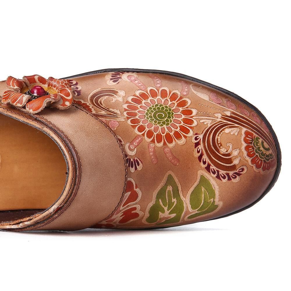 Retro Bloemen Reliëf Patroon Echt Lederen Super Comfortabele Slip-On Schoenen