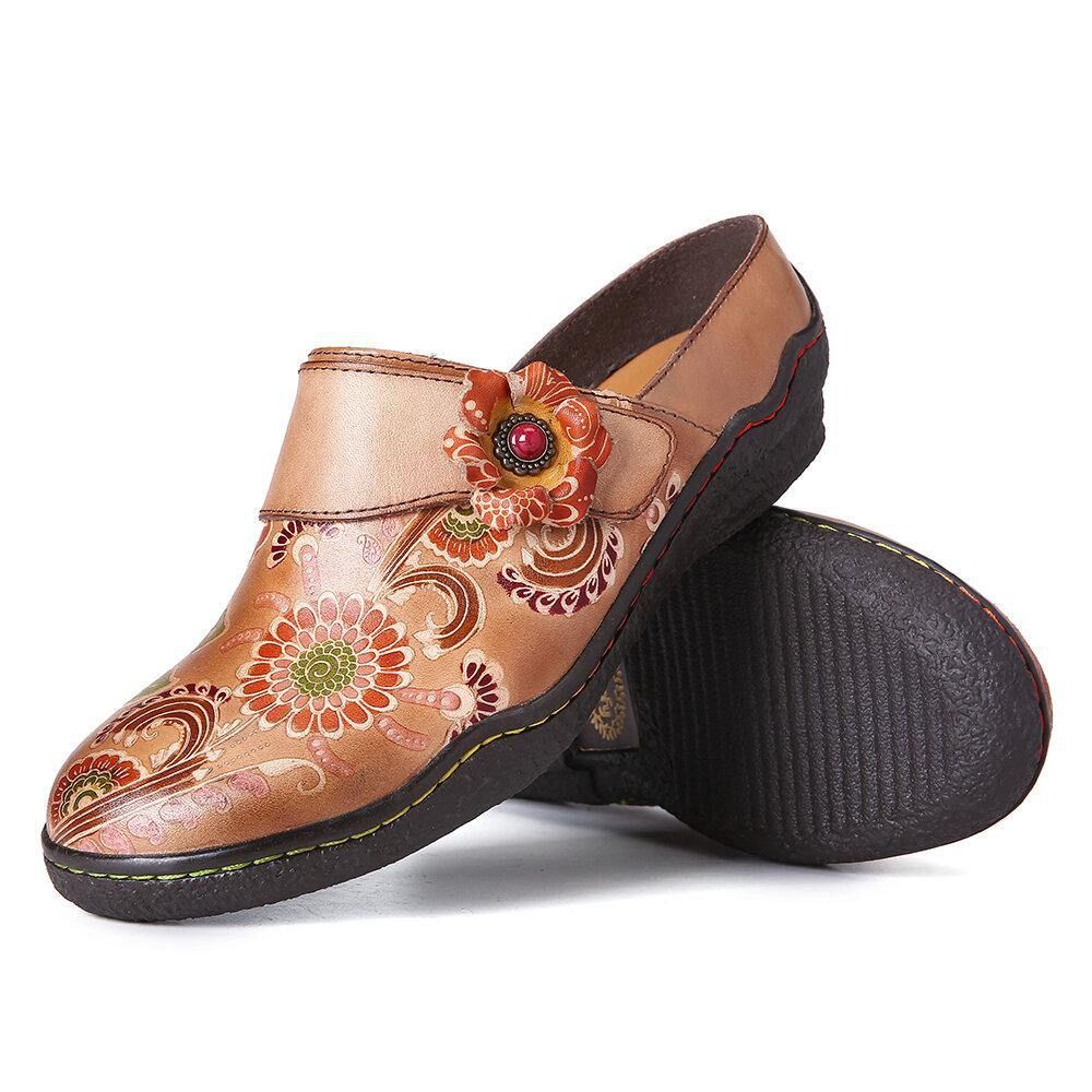 Retro Bloemen Reliëf Patroon Echt Lederen Super Comfortabele Slip-On Schoenen