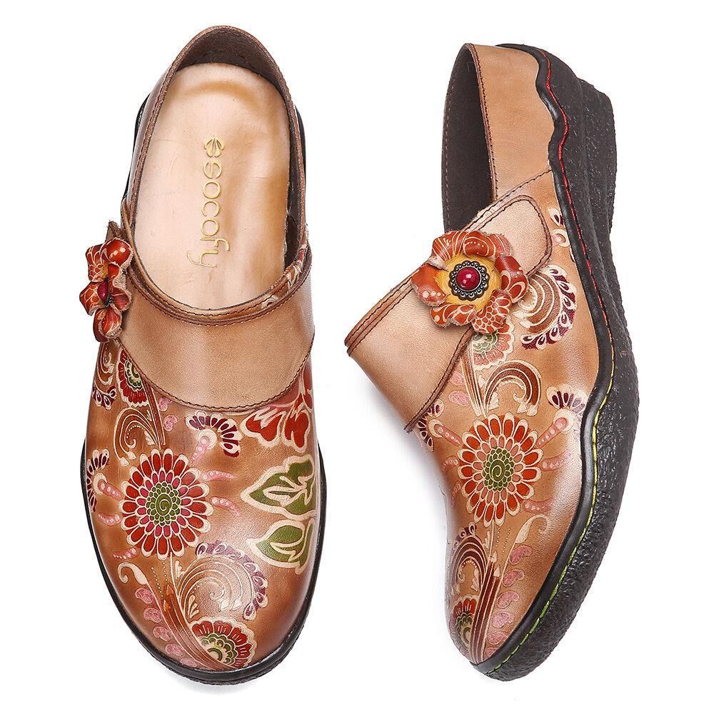 Retro Bloemen Reliëf Patroon Echt Lederen Super Comfortabele Slip-On Schoenen