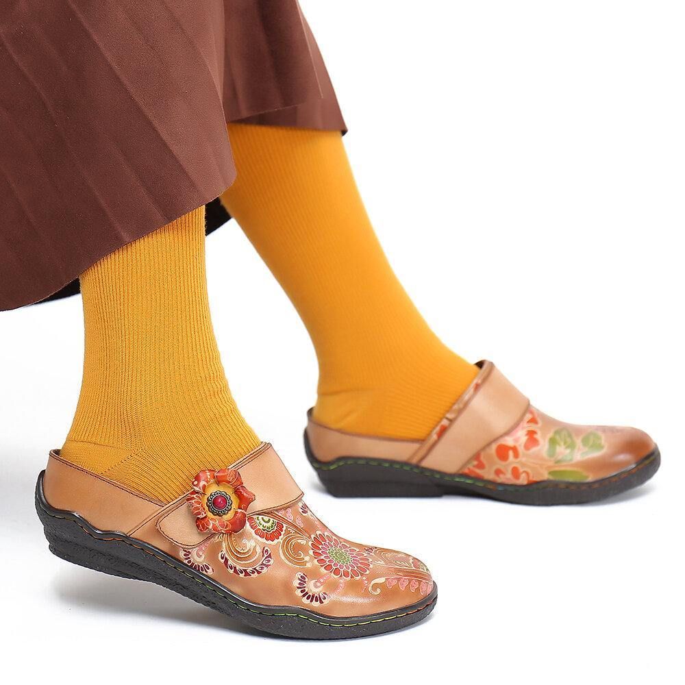 Retro Bloemen Reliëf Patroon Echt Lederen Super Comfortabele Slip-On Schoenen