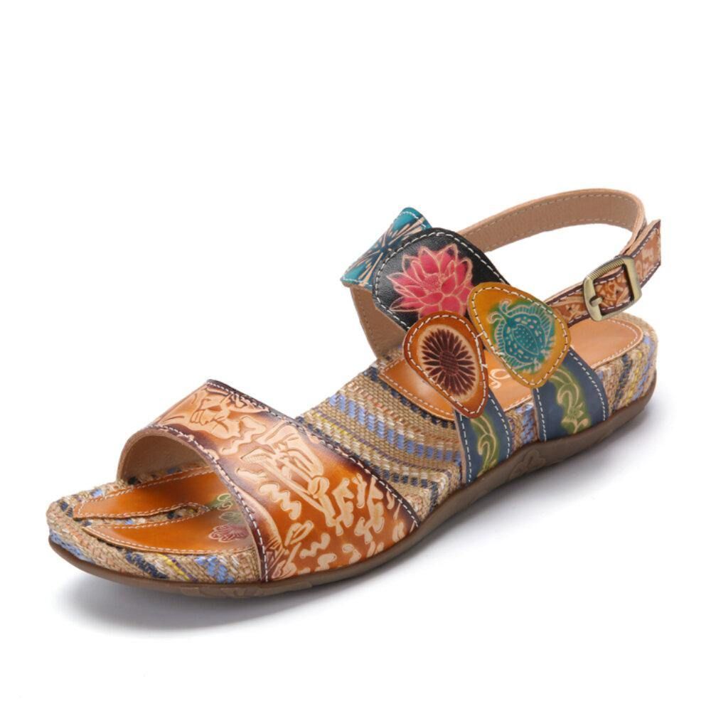 Retro Bloemenprint Lederen Comfortabele Platte Streep Sandalen