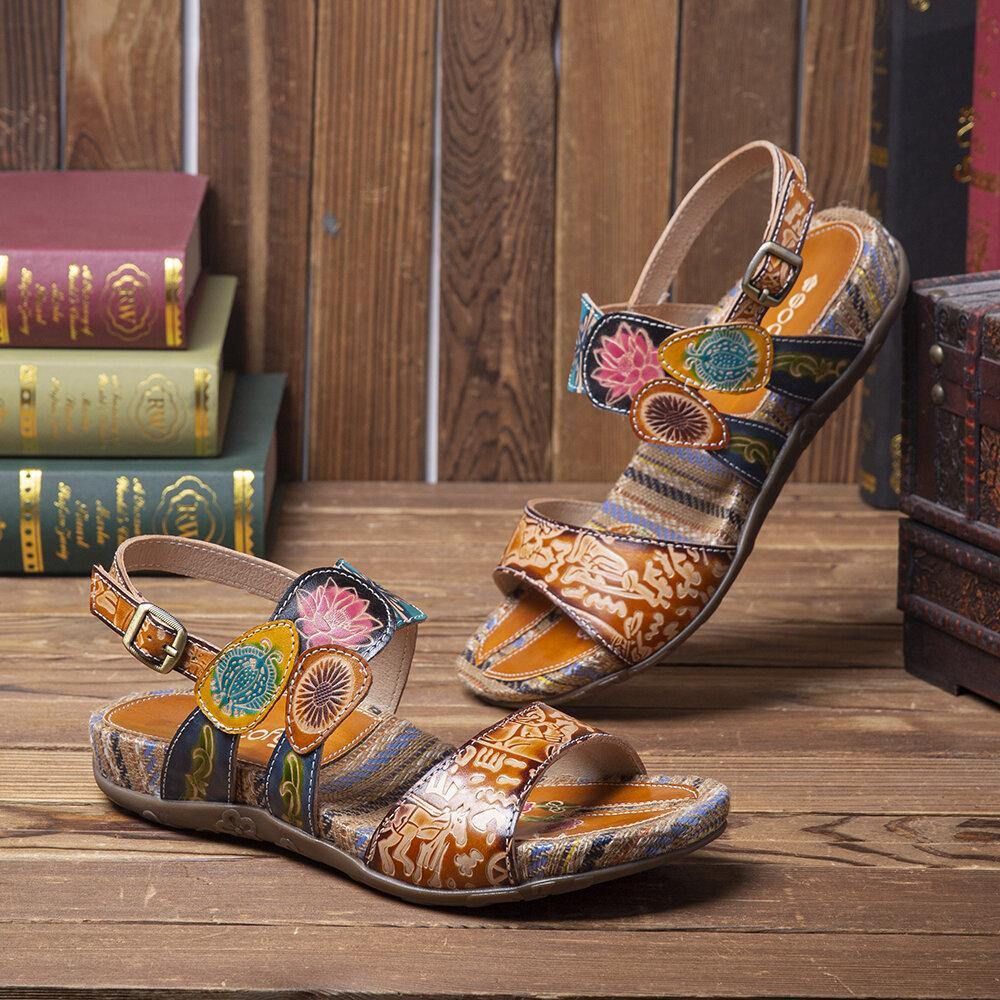 Retro Bloemenprint Lederen Comfortabele Platte Streep Sandalen