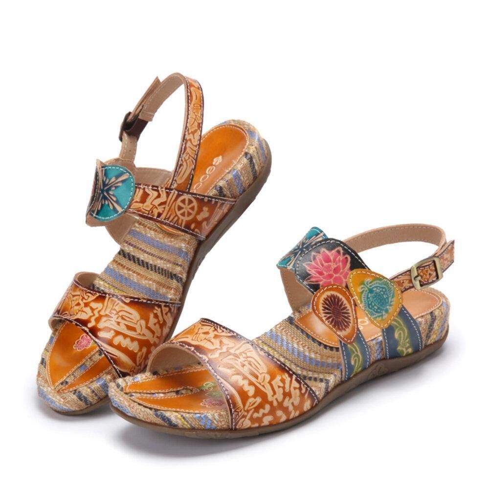 Retro Bloemenprint Lederen Comfortabele Platte Streep Sandalen