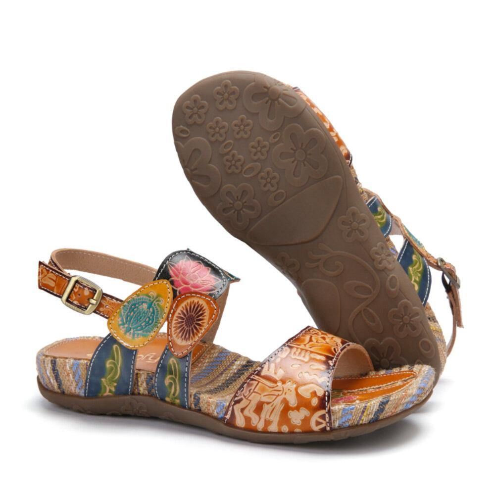 Retro Bloemenprint Lederen Comfortabele Platte Streep Sandalen