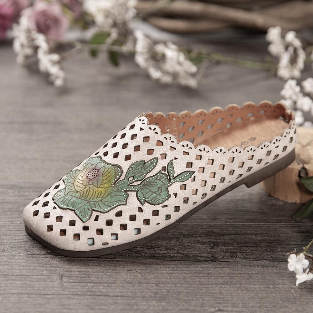 Retro Lederen Bloemen Appliqué Uitsparingen Zachte Platte Muilezels Klompen Instapsandalen