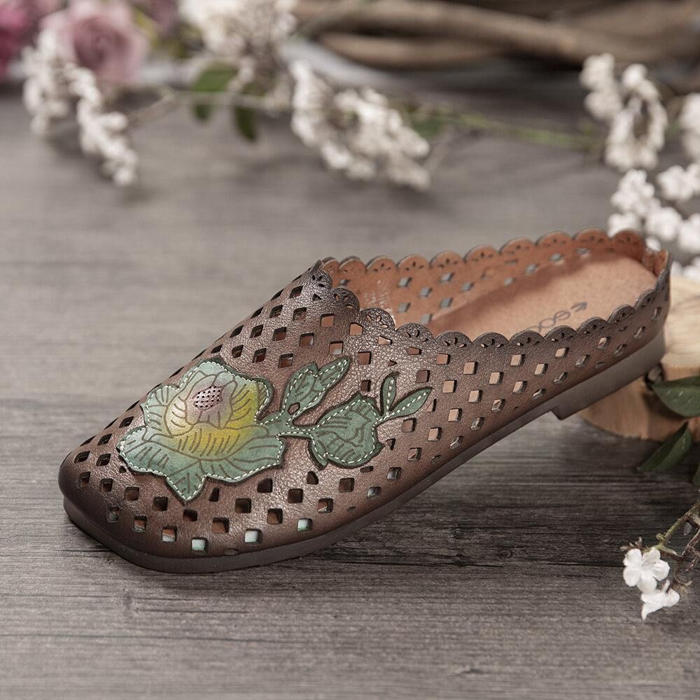 Retro Lederen Bloemen Appliqué Uitsparingen Zachte Platte Muilezels Klompen Instapsandalen