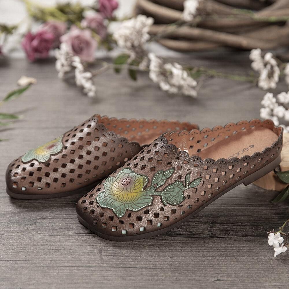 Retro Lederen Bloemen Appliqué Uitsparingen Zachte Platte Muilezels Klompen Instapsandalen