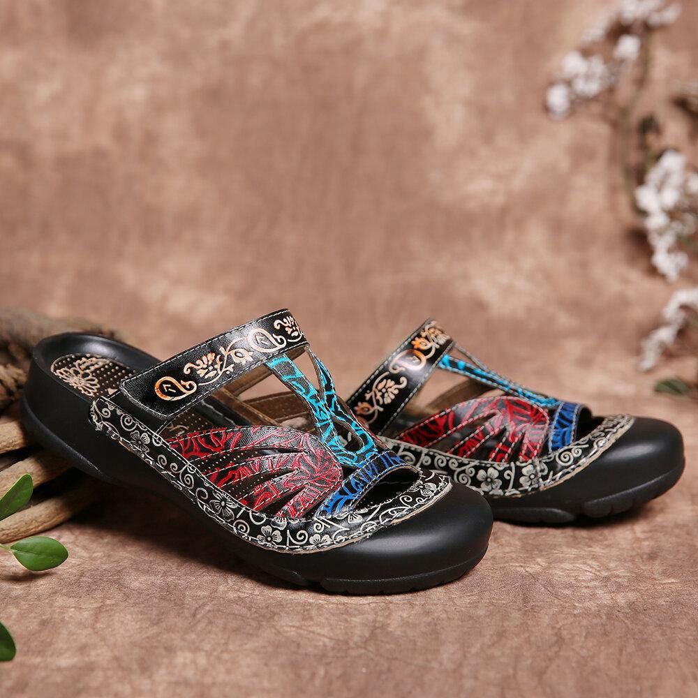 Vintage Lederen Bloemen Knipsel Verstelbare Riem Slip Op Muilezels Klompen Platte Dia'S Sandalen