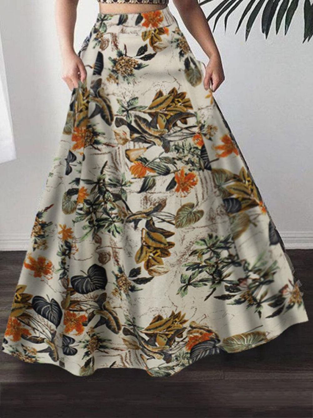 Dames 100% Katoenen Plant Bloemenprint Hoge Taille Bohemen Maxi Rokken