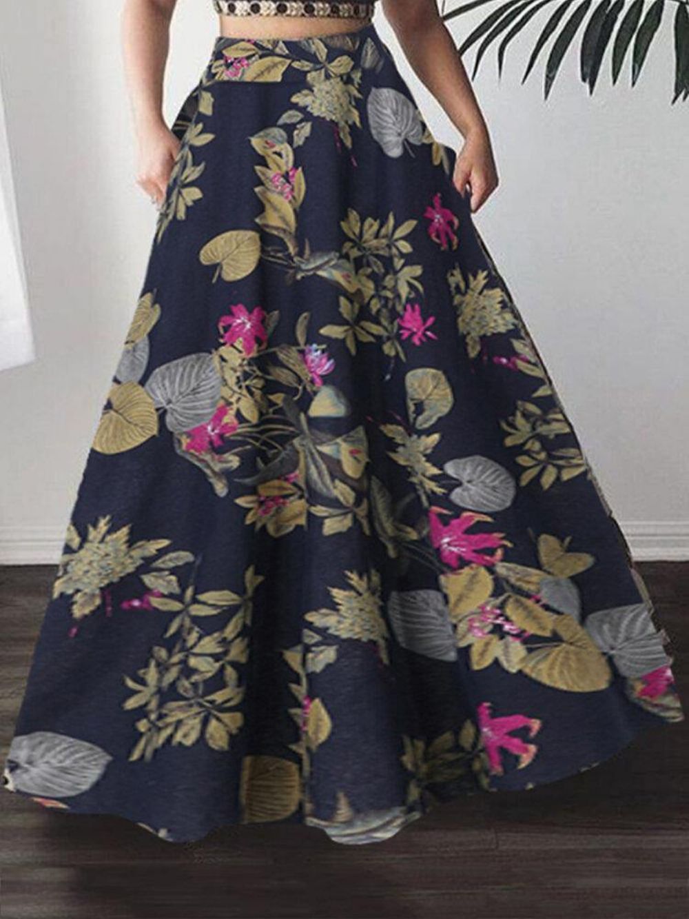 Dames 100% Katoenen Plant Bloemenprint Hoge Taille Bohemen Maxi Rokken