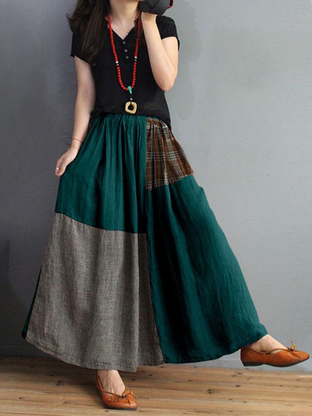 Dames Geruite Patchwork Elastische Taille Swing Rok Met Zak