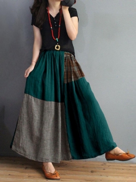 Dames Geruite Patchwork Elastische Taille Swing Rok Met Zak