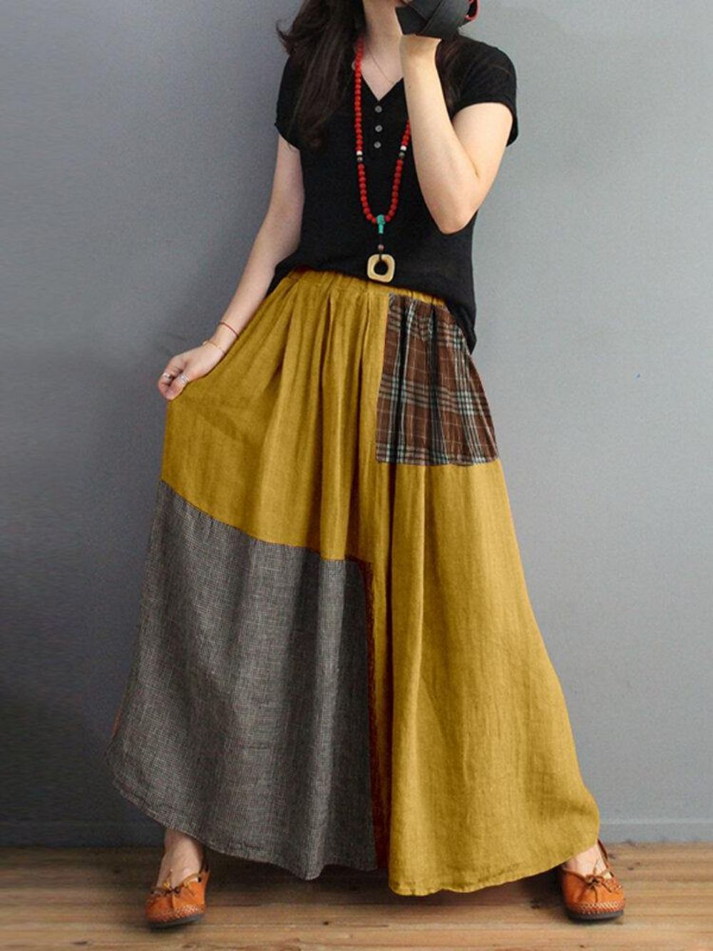 Dames Geruite Patchwork Elastische Taille Swing Rok Met Zak