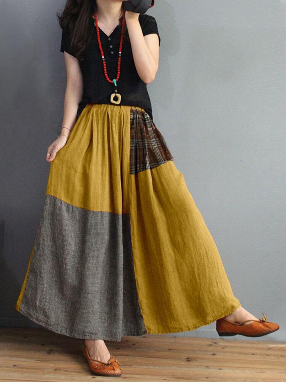 Dames Geruite Patchwork Elastische Taille Swing Rok Met Zak