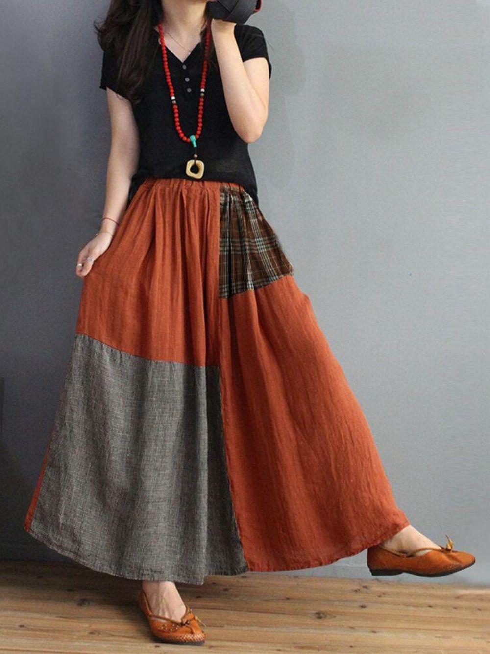 Dames Geruite Patchwork Elastische Taille Swing Rok Met Zak