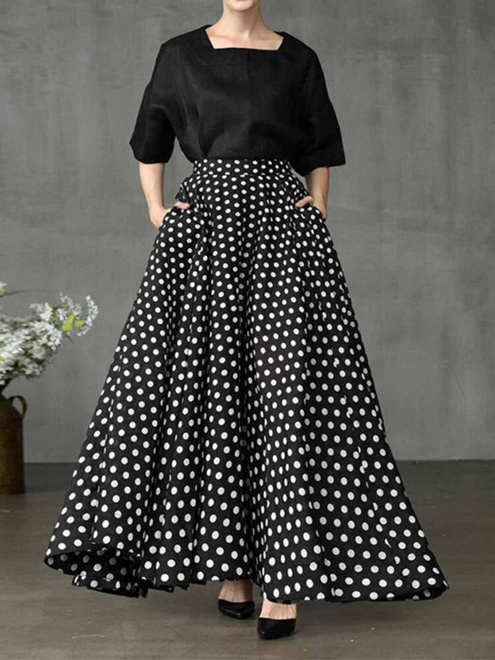 Dames Polka Dot Print Losse Grote Schommel Zijzakken Casual Lange Rok