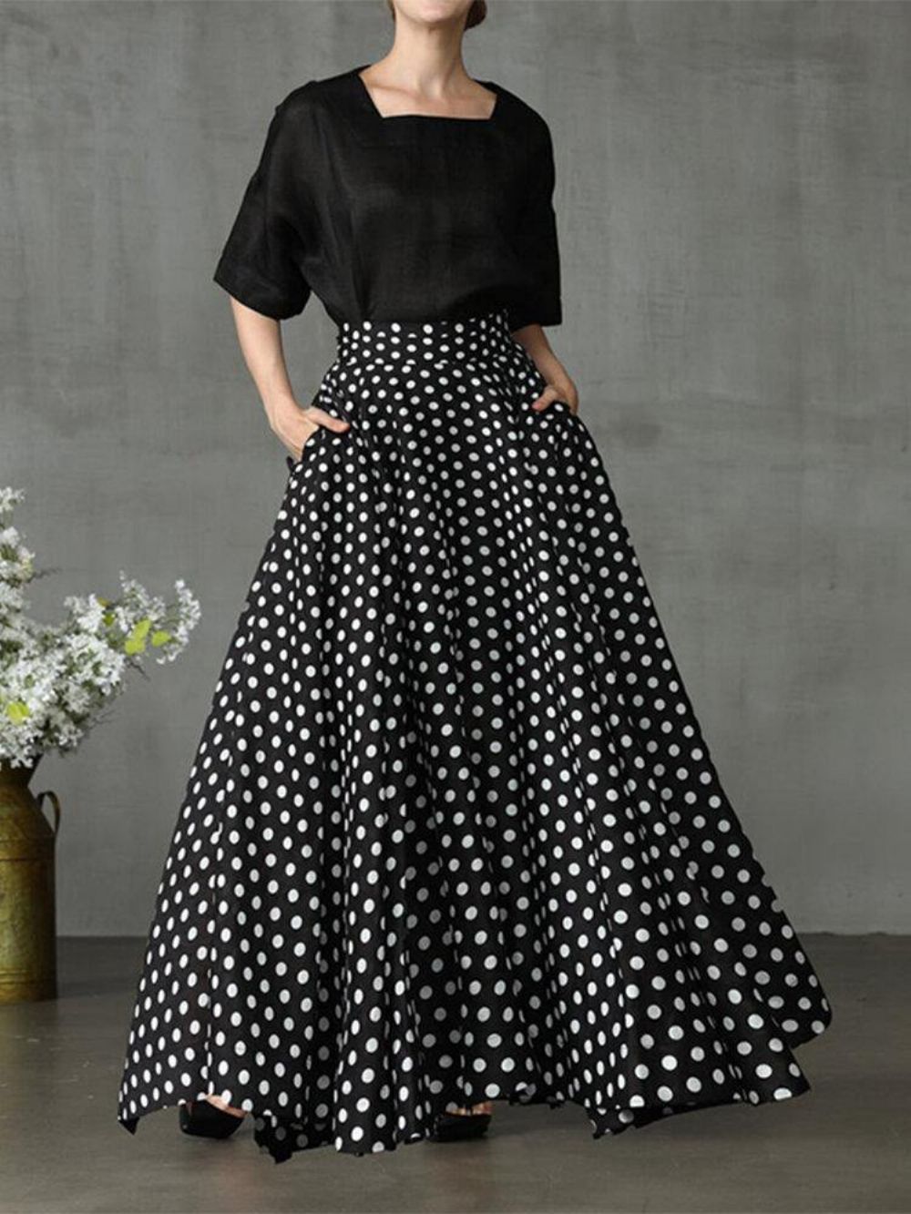 Dames Polka Dot Print Losse Grote Schommel Zijzakken Casual Lange Rok