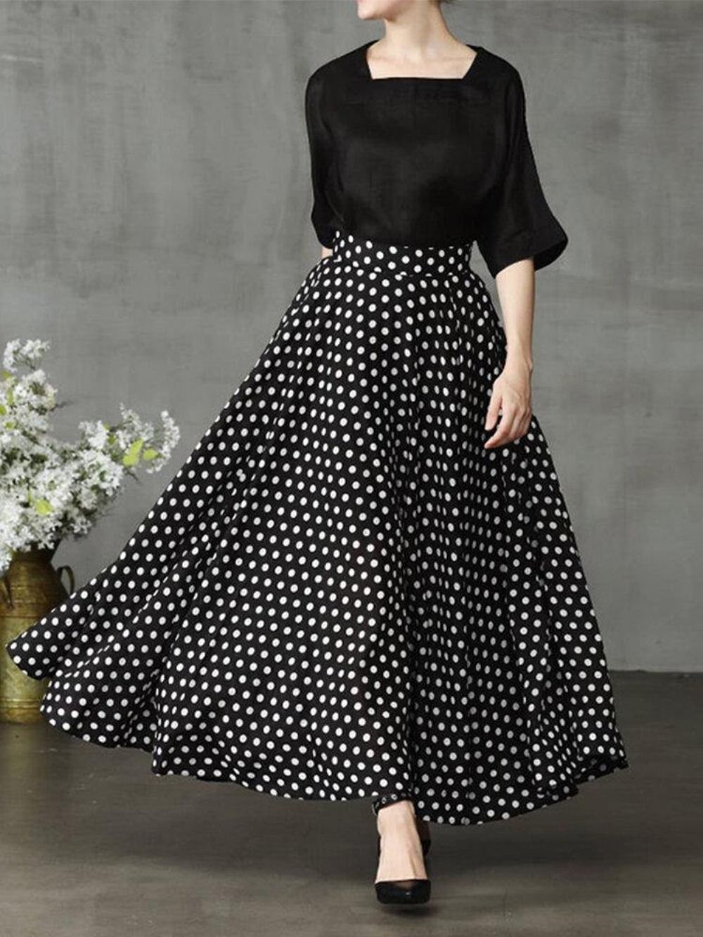 Dames Polka Dot Print Losse Grote Schommel Zijzakken Casual Lange Rok