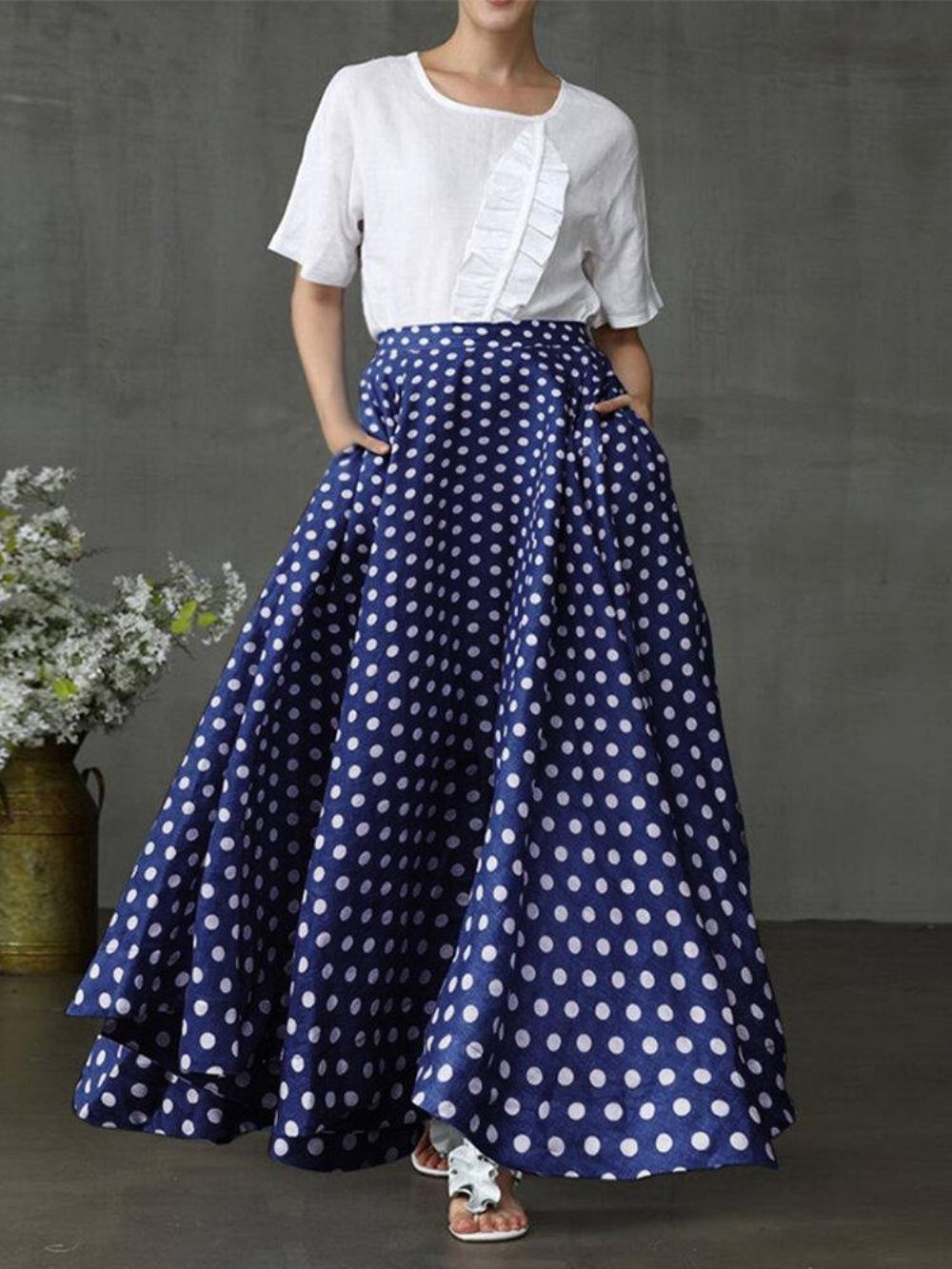 Dames Polka Dot Print Losse Grote Schommel Zijzakken Casual Lange Rok