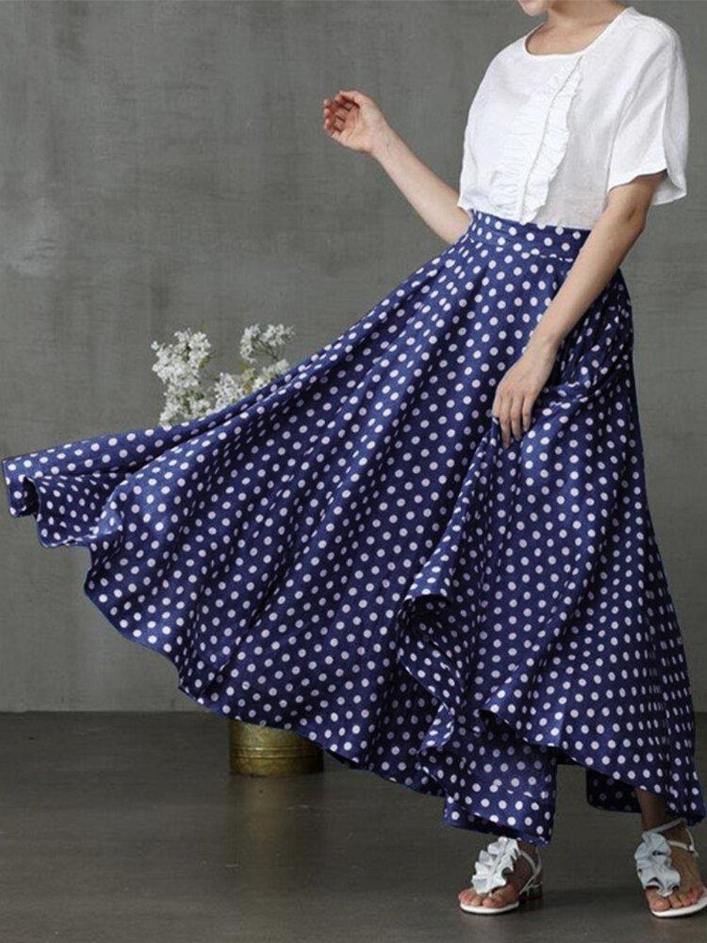 Dames Polka Dot Print Losse Grote Schommel Zijzakken Casual Lange Rok