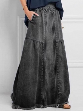 Dames Verontruste Effen Kleur Elastische Taille Losse Denim Rok Met Zak