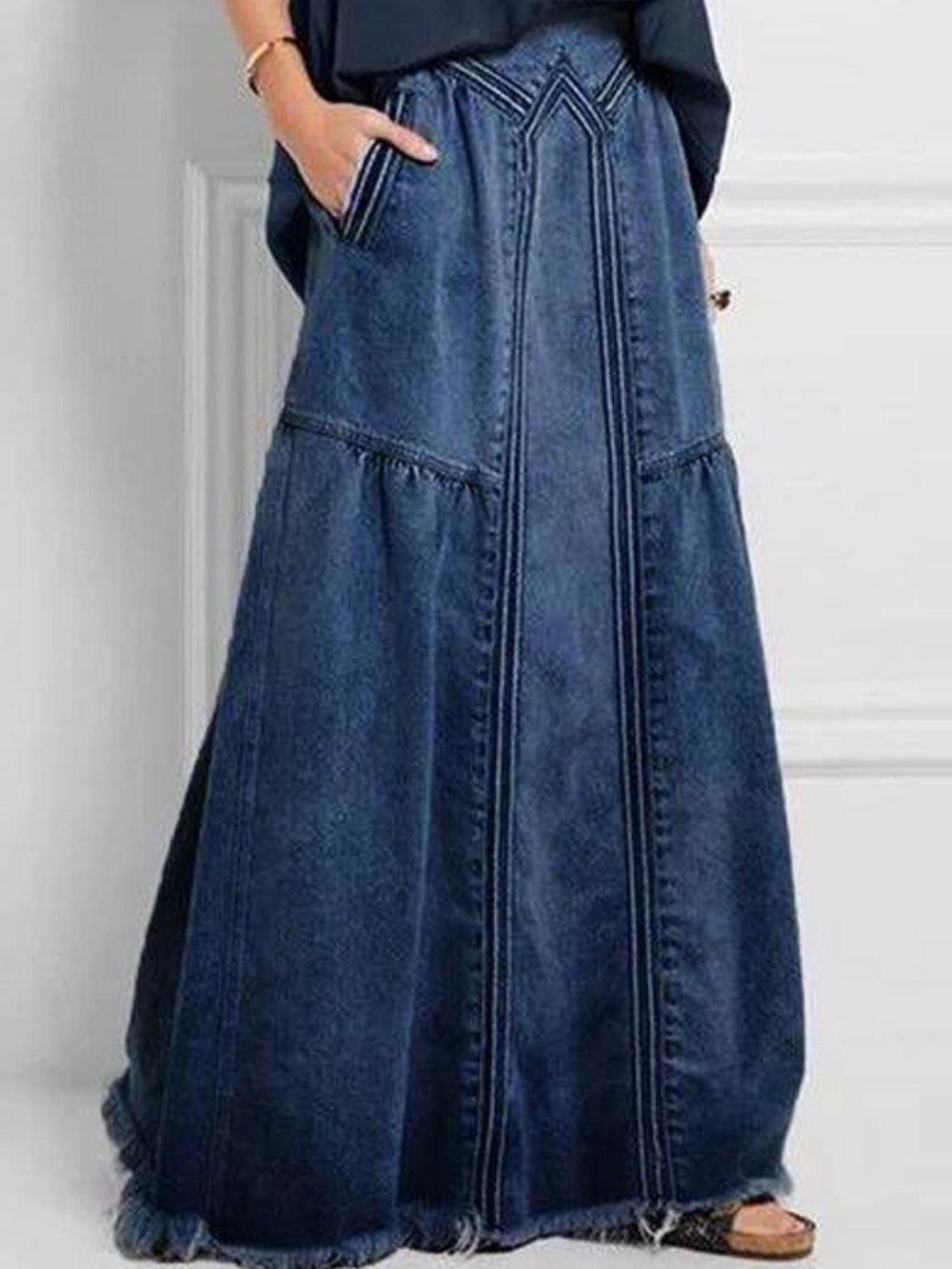 Dames Verontruste Effen Kleur Elastische Taille Losse Denim Rok Met Zak